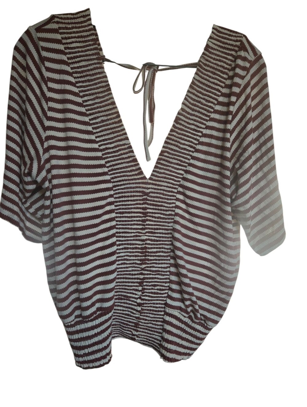 Willow Striped V-Neck Tie-Back Blouse in Brown and White - Picture 1 of 5